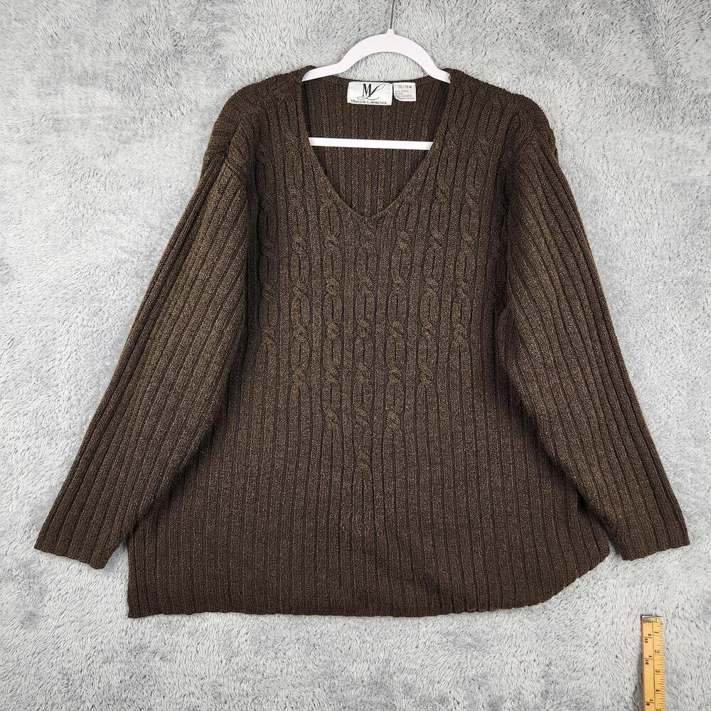 Vintage Maggie Lawrence Sweater Womens 26/28W Brown Cable Knit V Neck Plus Size